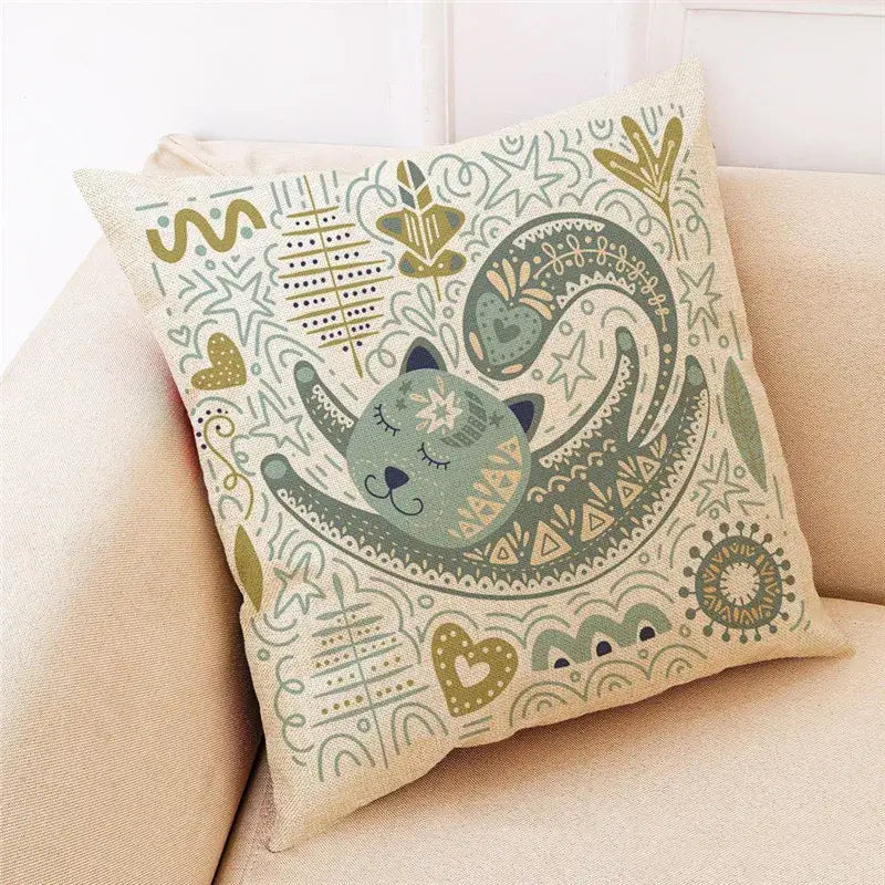 Beige cartoon cat linen pillowcase bedroom decor