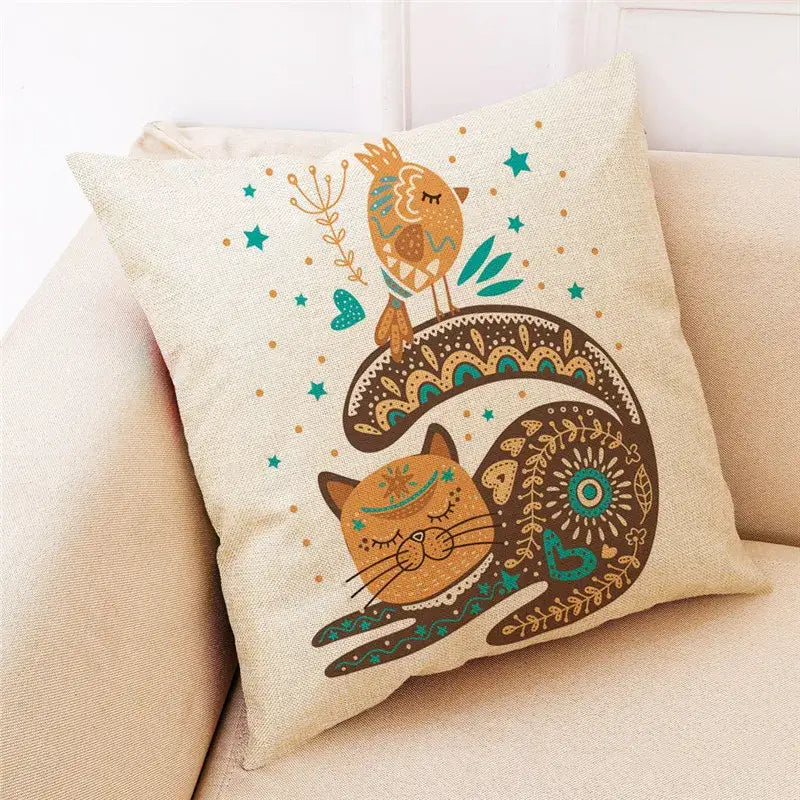 Beige cartoon cat linen pillowcase bedroom decor