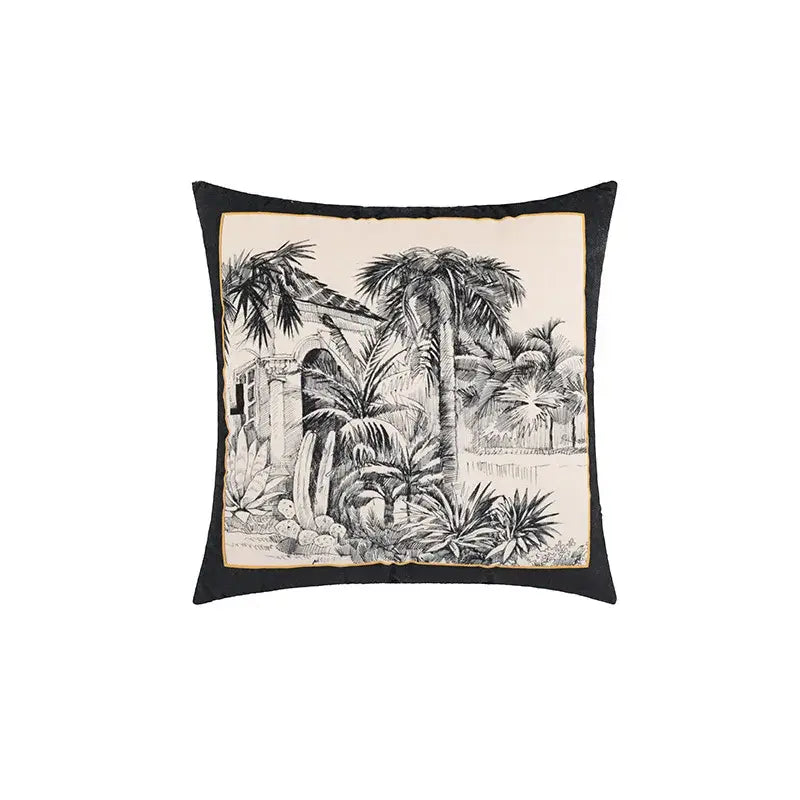 Beige cartoon print velvet cushion cover living room jungle decor