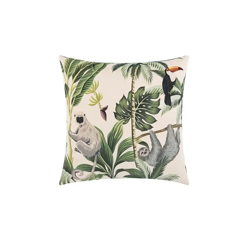 Beige cartoon print velvet cushion cover living room jungle decor