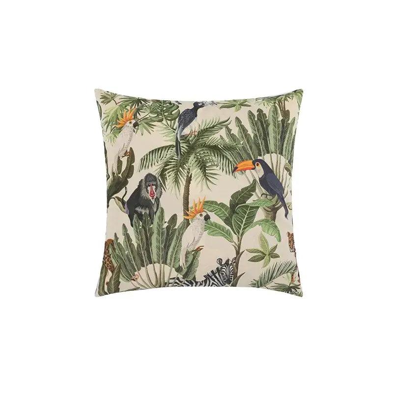 Beige cartoon print velvet cushion cover living room jungle decor