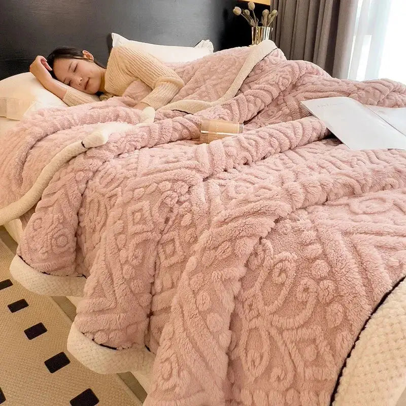 Beige carved velvet warmth blanket – bedroom plush sofa throw cover