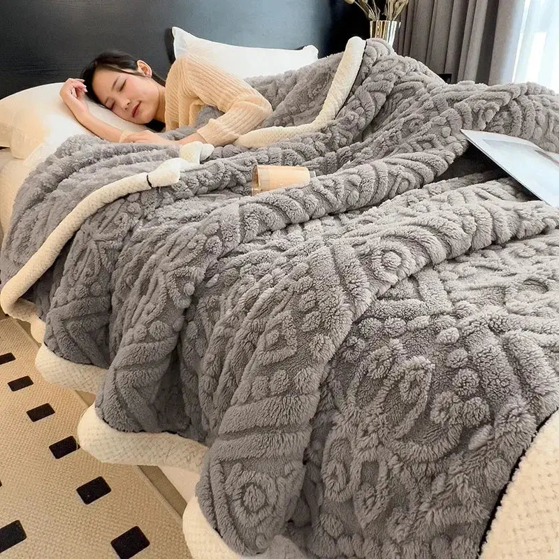 Beige carved velvet warmth blanket – bedroom plush sofa throw cover