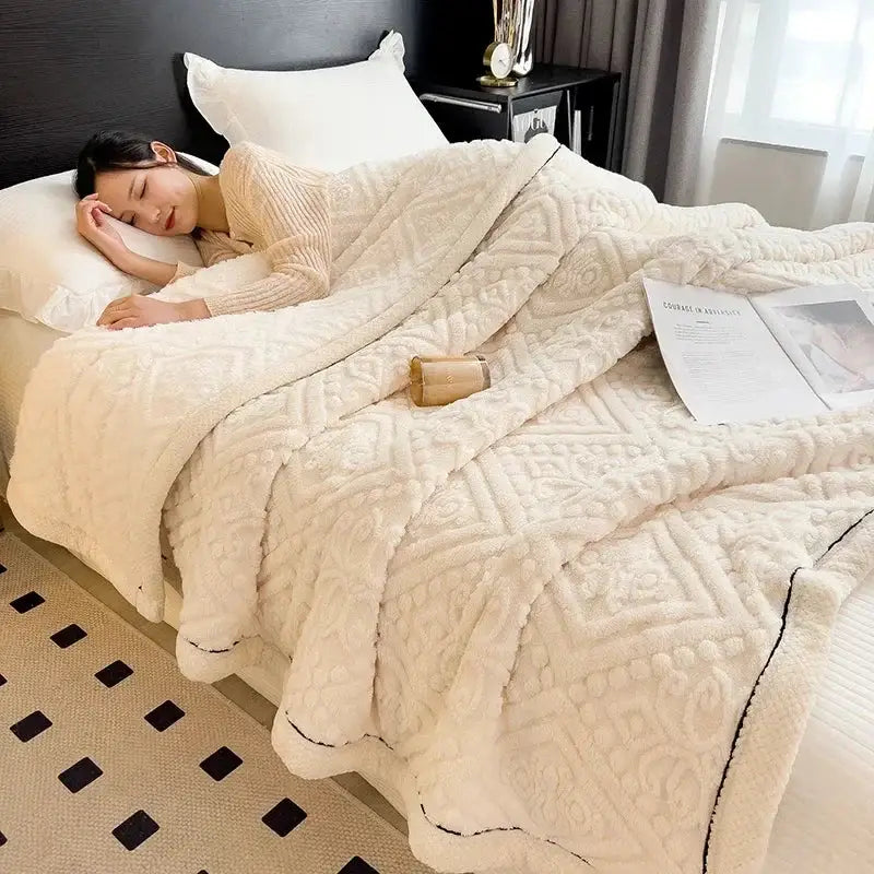 Beige carved velvet warmth blanket – bedroom plush sofa throw cover