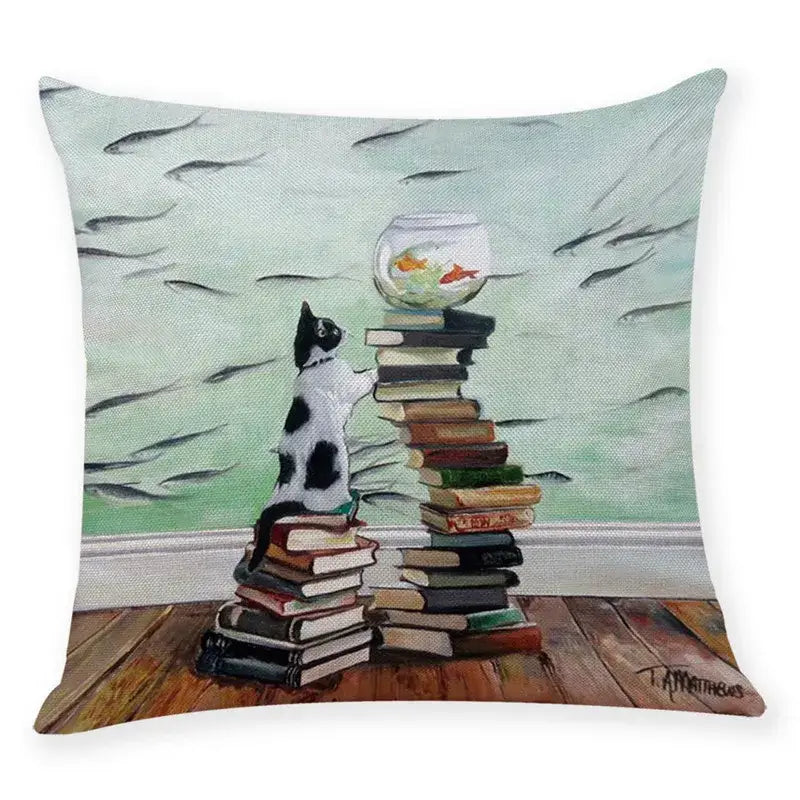 Beige cat and books cushion cover living room pillow case 45x45cm