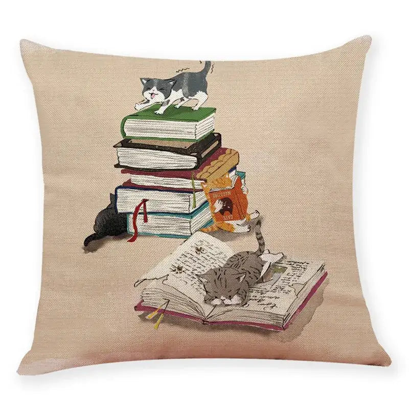 Beige cat and books cushion cover living room pillow case 45x45cm