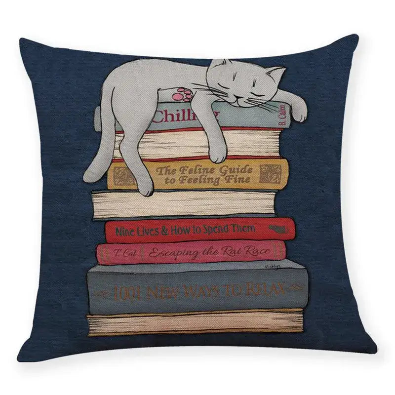 Beige cat and books cushion cover living room pillow case 45x45cm