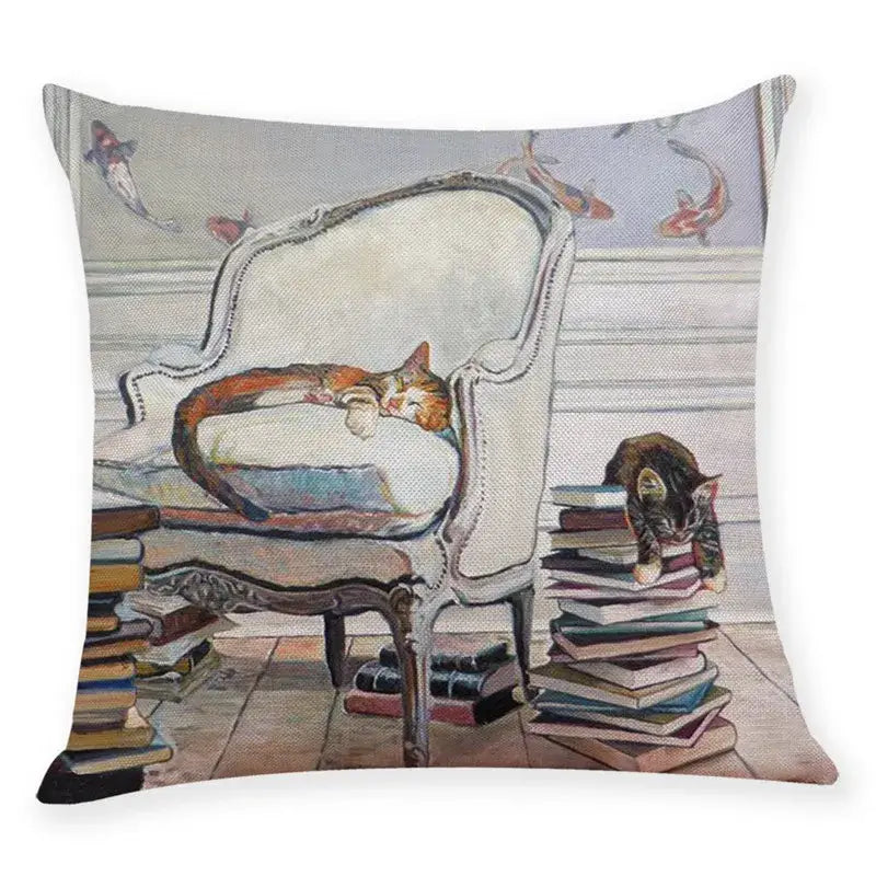 Beige cat and books cushion cover living room pillow case 45x45cm