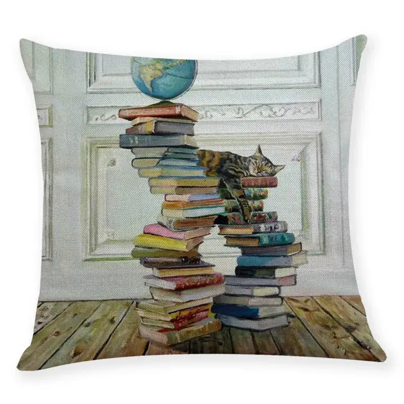 Beige cat and books cushion cover living room pillow case 45x45cm