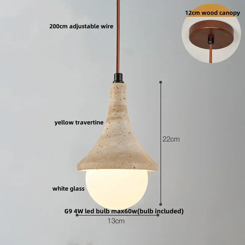 Beige cave stone led pendant light with wood ring for living room