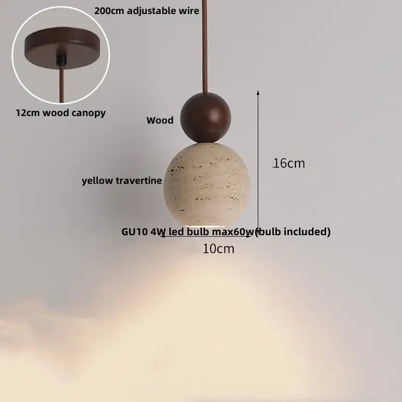 Beige cave stone led pendant light with wood ring for living room