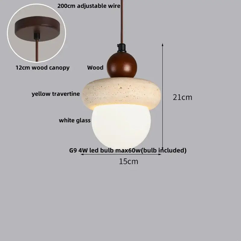 Beige cave stone led pendant light with wood ring for living room