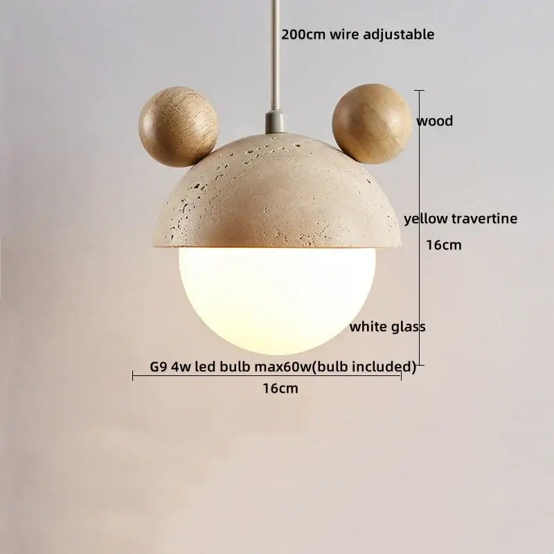 Beige cave stone led pendant light with wood ring for living room