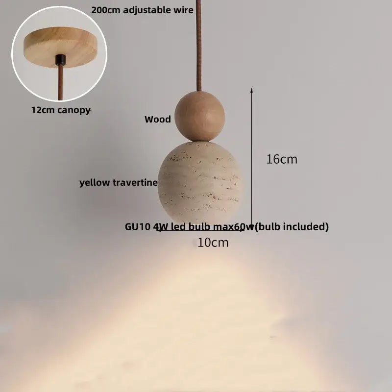 Beige cave stone led pendant light with wood ring for living room