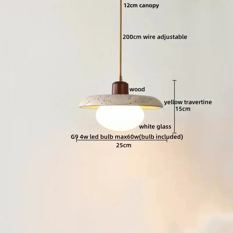 Beige cave stone led pendant light with wood ring for living room