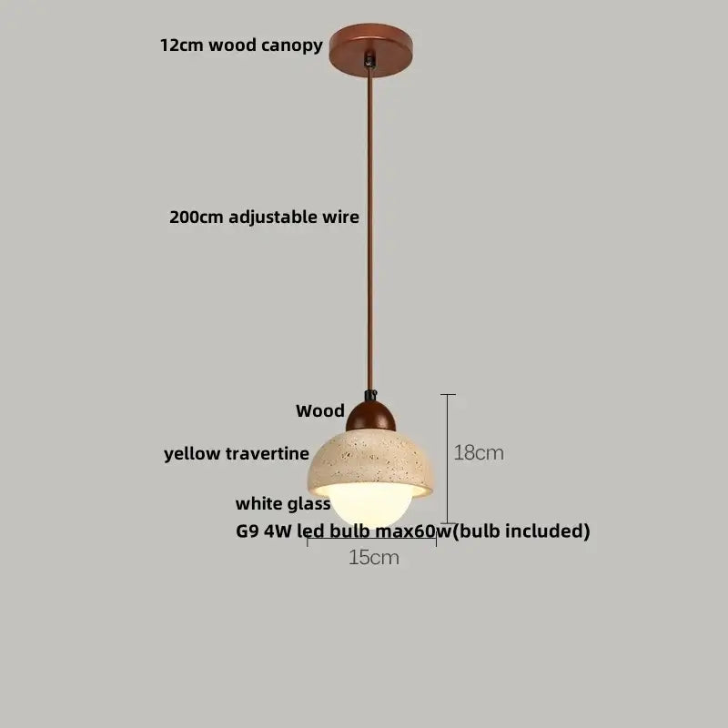 Beige cave stone led pendant light with wood ring for living room