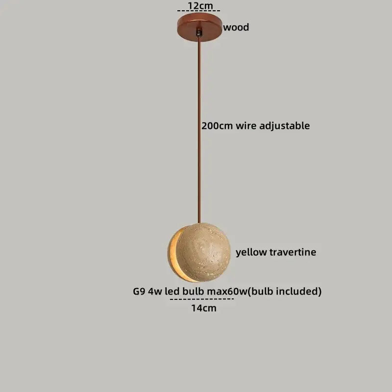 Beige cave stone led pendant light with wood ring for living room