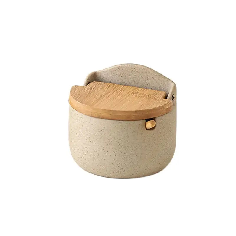 Beige ceramic seasoning jar set with bamboo lid kitchen shaker