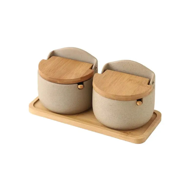Beige ceramic seasoning jar set with bamboo lid kitchen shaker