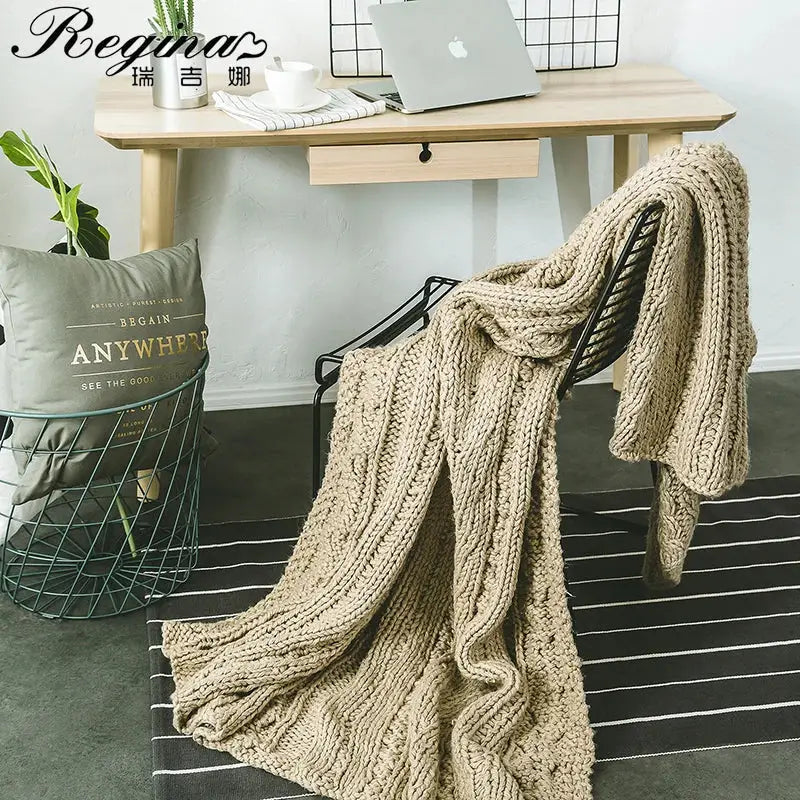 Beige chunky knit tassel blanket bedroom soft plaid throw