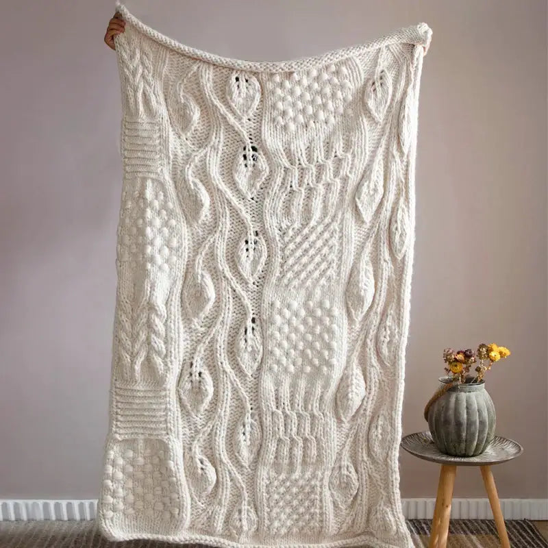 Beige chunky knit tassel blanket bedroom soft plaid throw