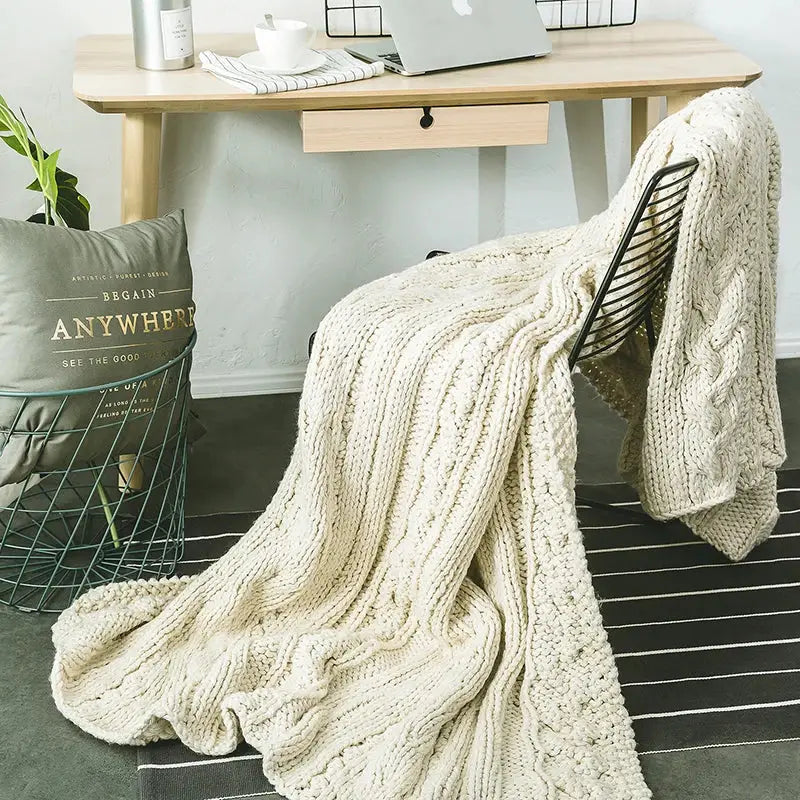 Beige chunky knit tassel blanket bedroom soft plaid throw