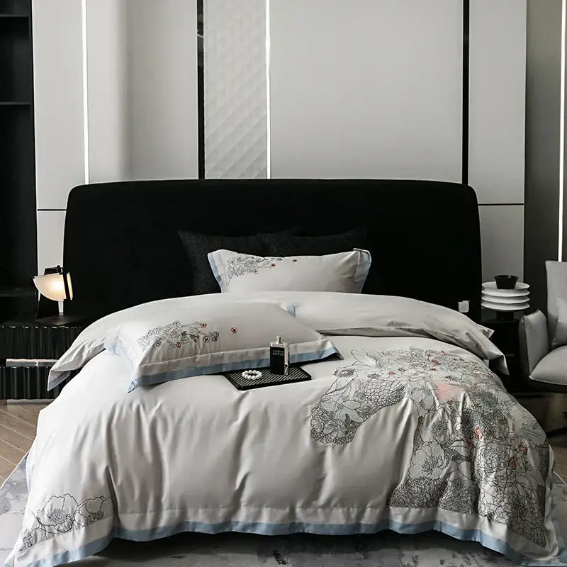 Beige cotton flowers horse embroidery bedding set bedroom decor