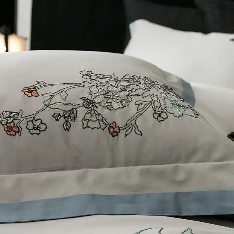 Beige cotton flowers horse embroidery bedding set bedroom decor