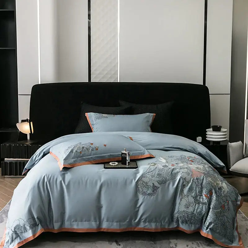 Beige cotton flowers horse embroidery bedding set bedroom decor