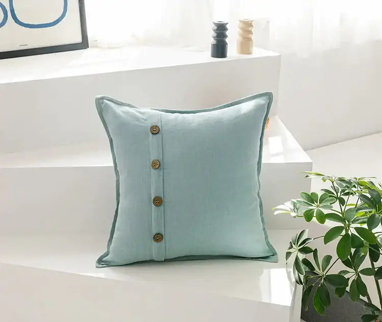 Beige cotton linen cushion cover with buttons for living room decor