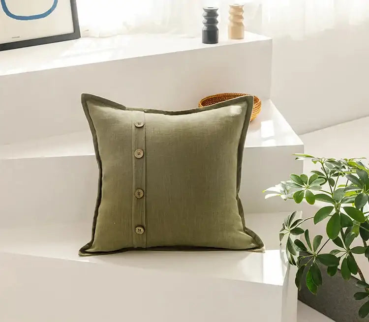Beige cotton linen cushion cover with buttons for living room decor