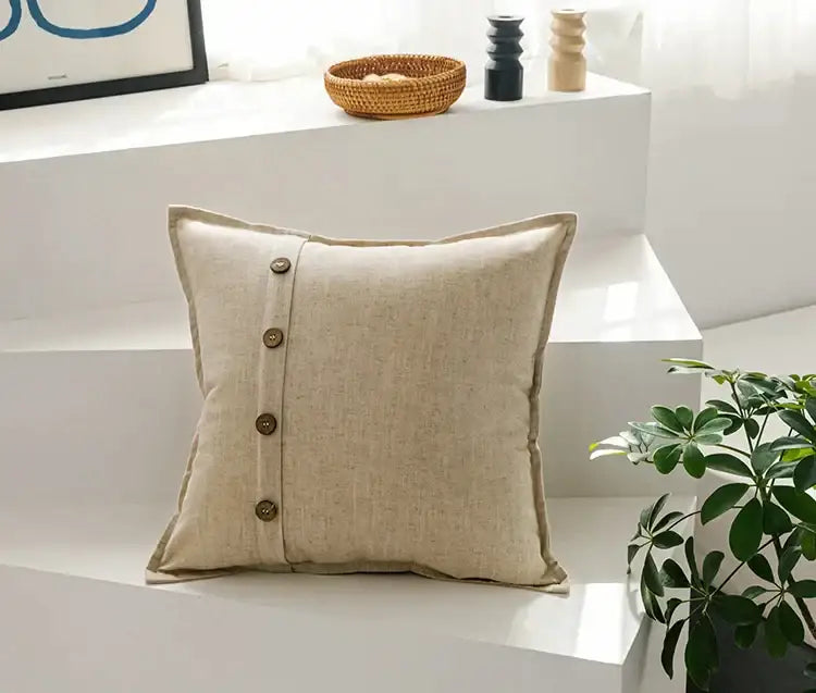 Beige cotton linen cushion cover with buttons for living room decor