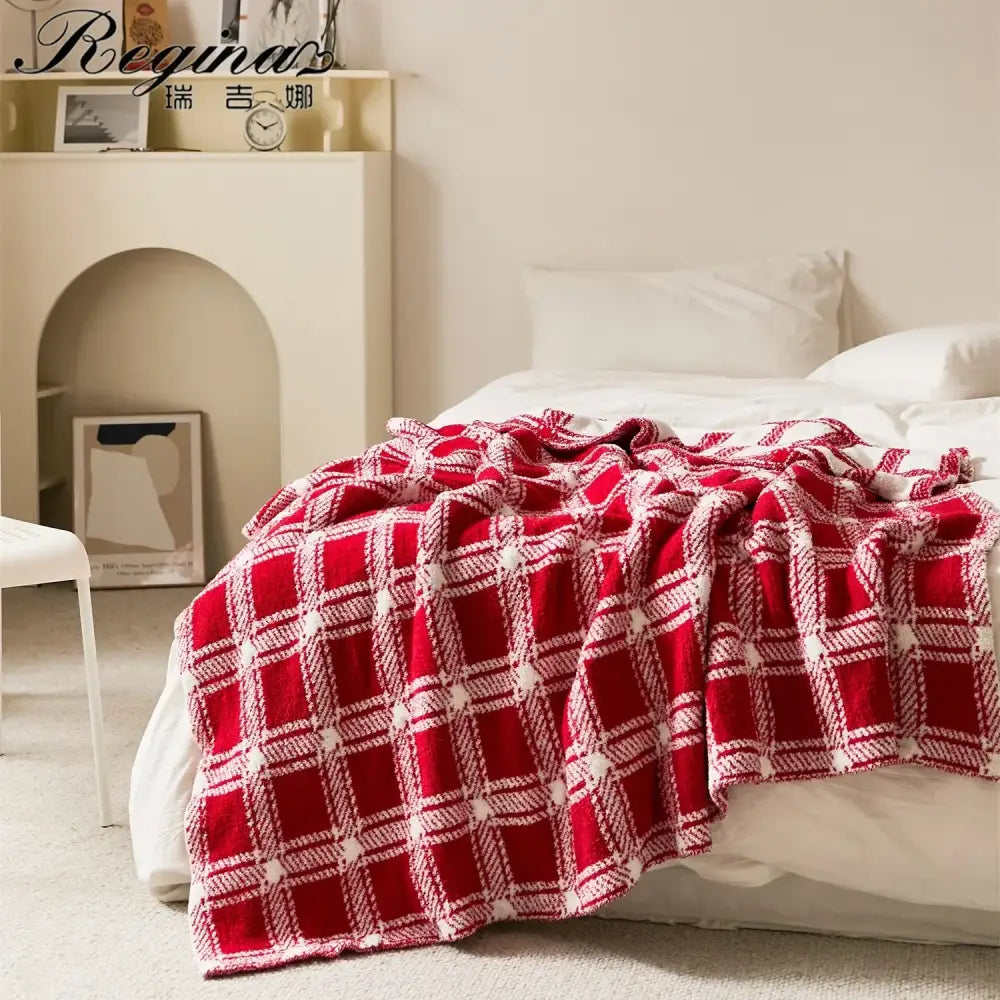 Beige & cream fluffy stripe plaid blanket bedroom microfiber throw