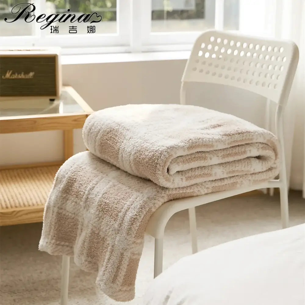 Beige & cream fluffy stripe plaid blanket bedroom microfiber throw