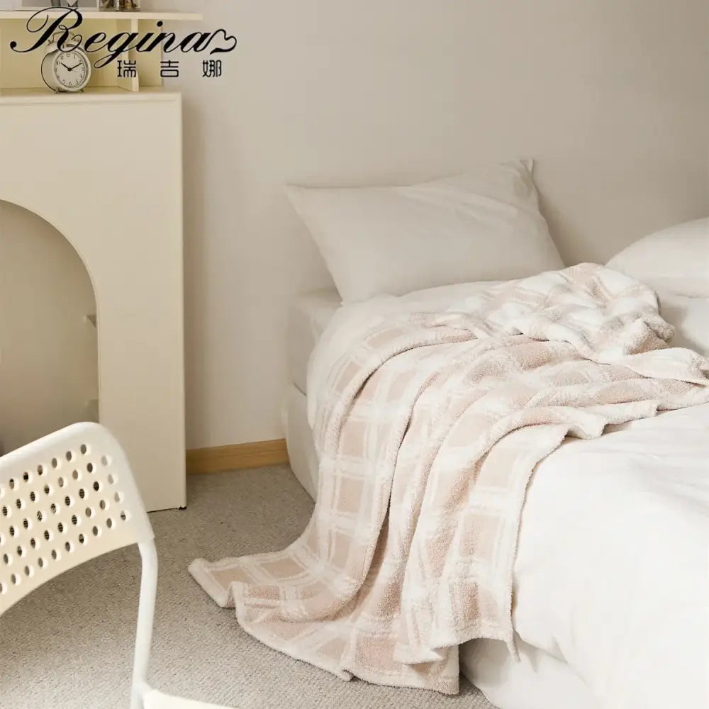 Beige & cream fluffy stripe plaid blanket bedroom microfiber throw