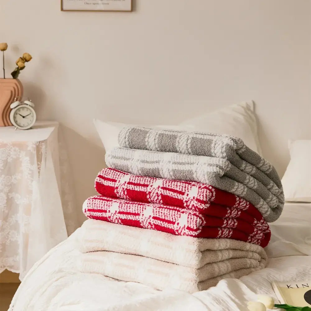 Beige & cream fluffy stripe plaid blanket bedroom microfiber throw