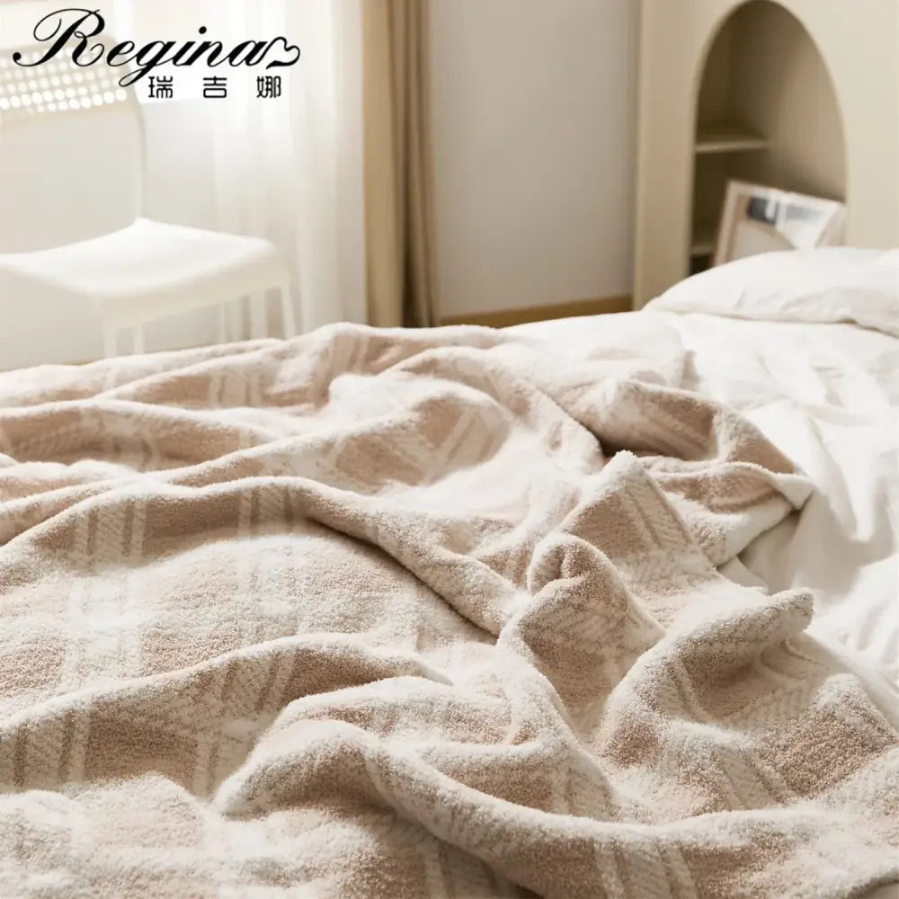 Beige & cream fluffy stripe plaid blanket bedroom microfiber throw