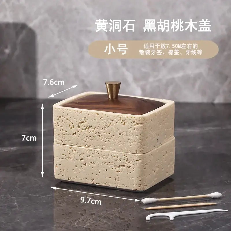 Beige & dark wood double decker natural stone jewelry organizer bathroom storage