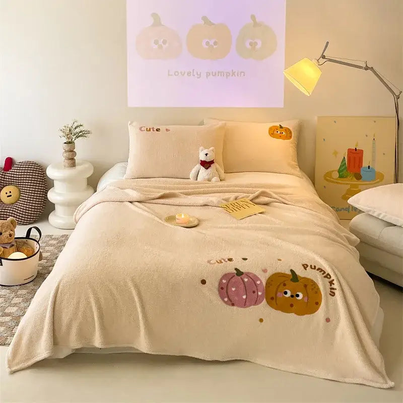 Beige embroidered teddy fleece blanket bedroom cozy teddy fleece
