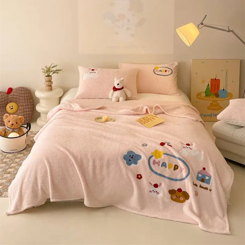 Beige embroidered teddy fleece blanket bedroom cozy teddy fleece