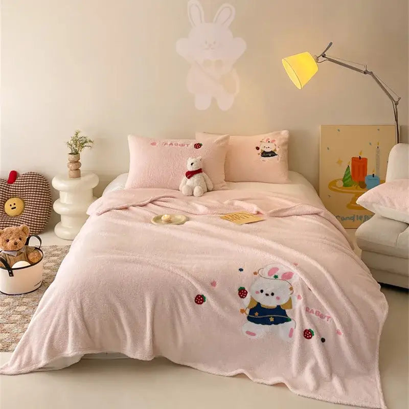 Beige embroidered teddy fleece blanket bedroom cozy teddy fleece