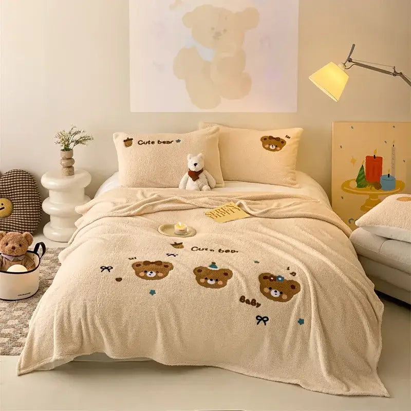 Beige embroidered teddy fleece blanket bedroom cozy teddy fleece