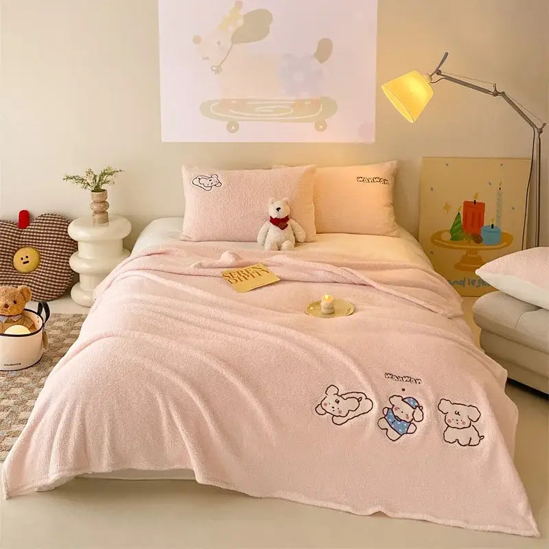 Beige embroidered teddy fleece blanket bedroom cozy teddy fleece