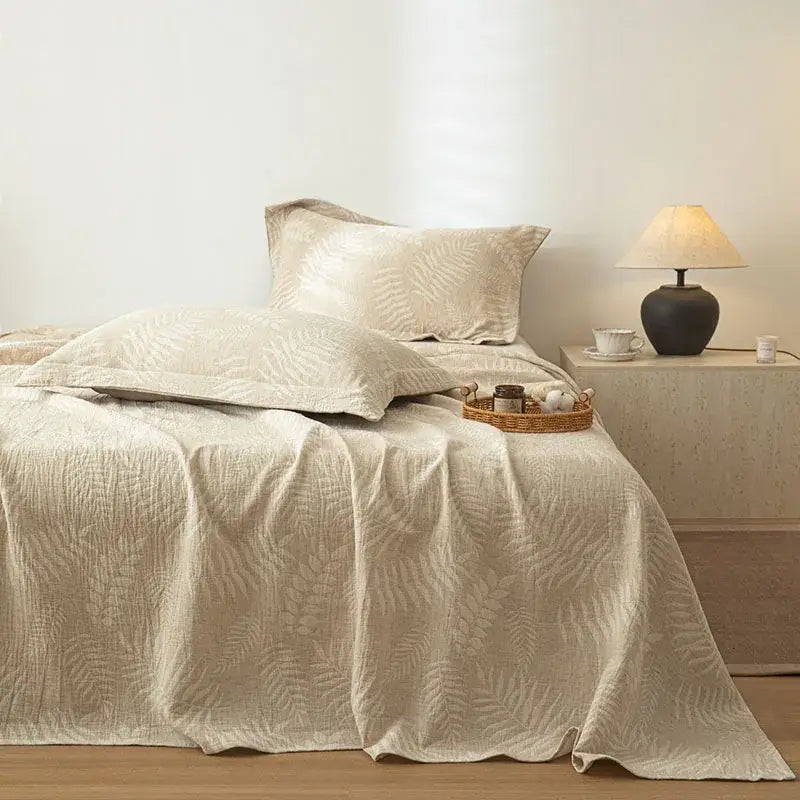 Beige fern leaf cotton linen bed sheet set bedroom bedding