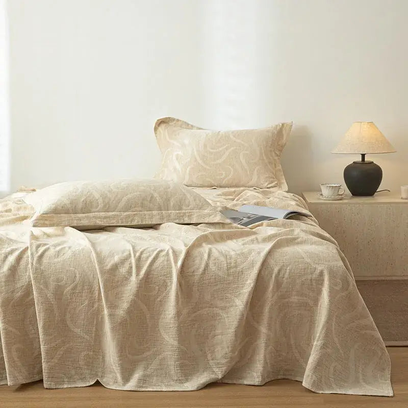 Beige fern leaf cotton linen bed sheet set bedroom bedding