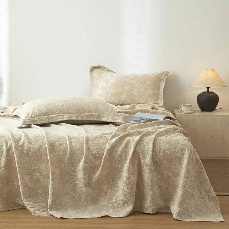Beige fern leaf cotton linen bed sheet set bedroom bedding