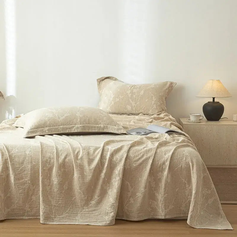 Beige fern leaf cotton linen bed sheet set bedroom bedding