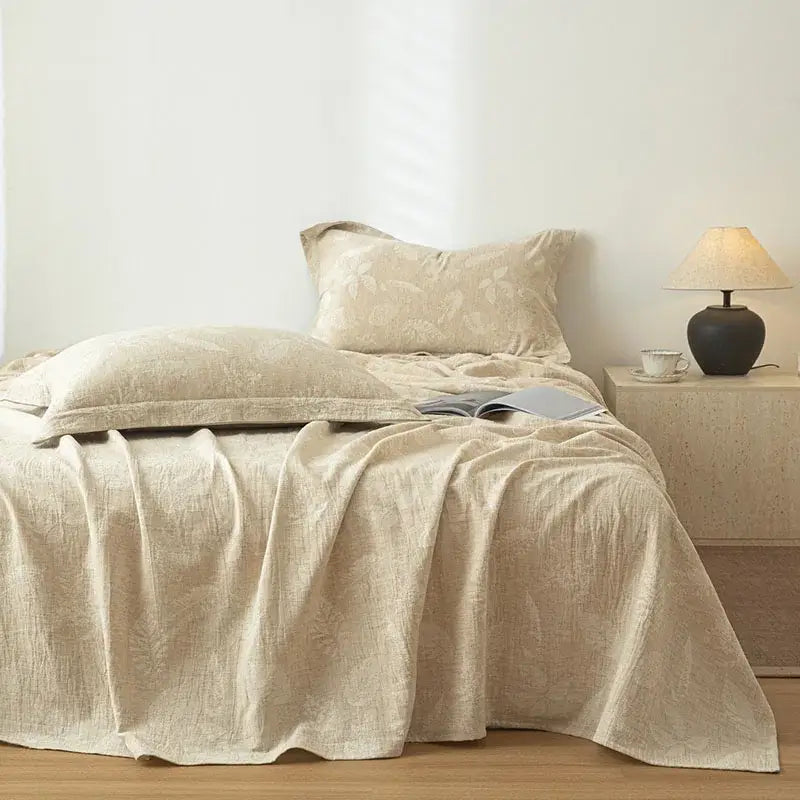 Beige fern leaf cotton linen bed sheet set bedroom bedding