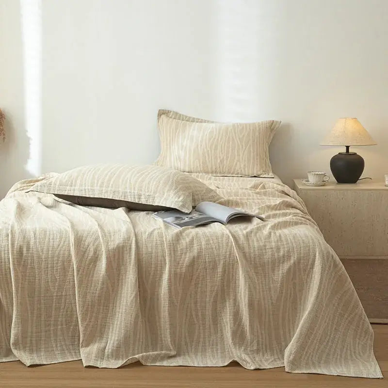 Beige fern leaf cotton linen bed sheet set bedroom bedding