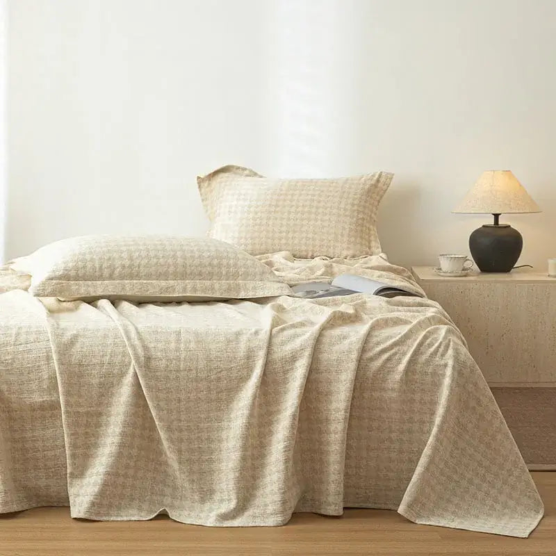 Beige fern leaf cotton linen bed sheet set bedroom bedding
